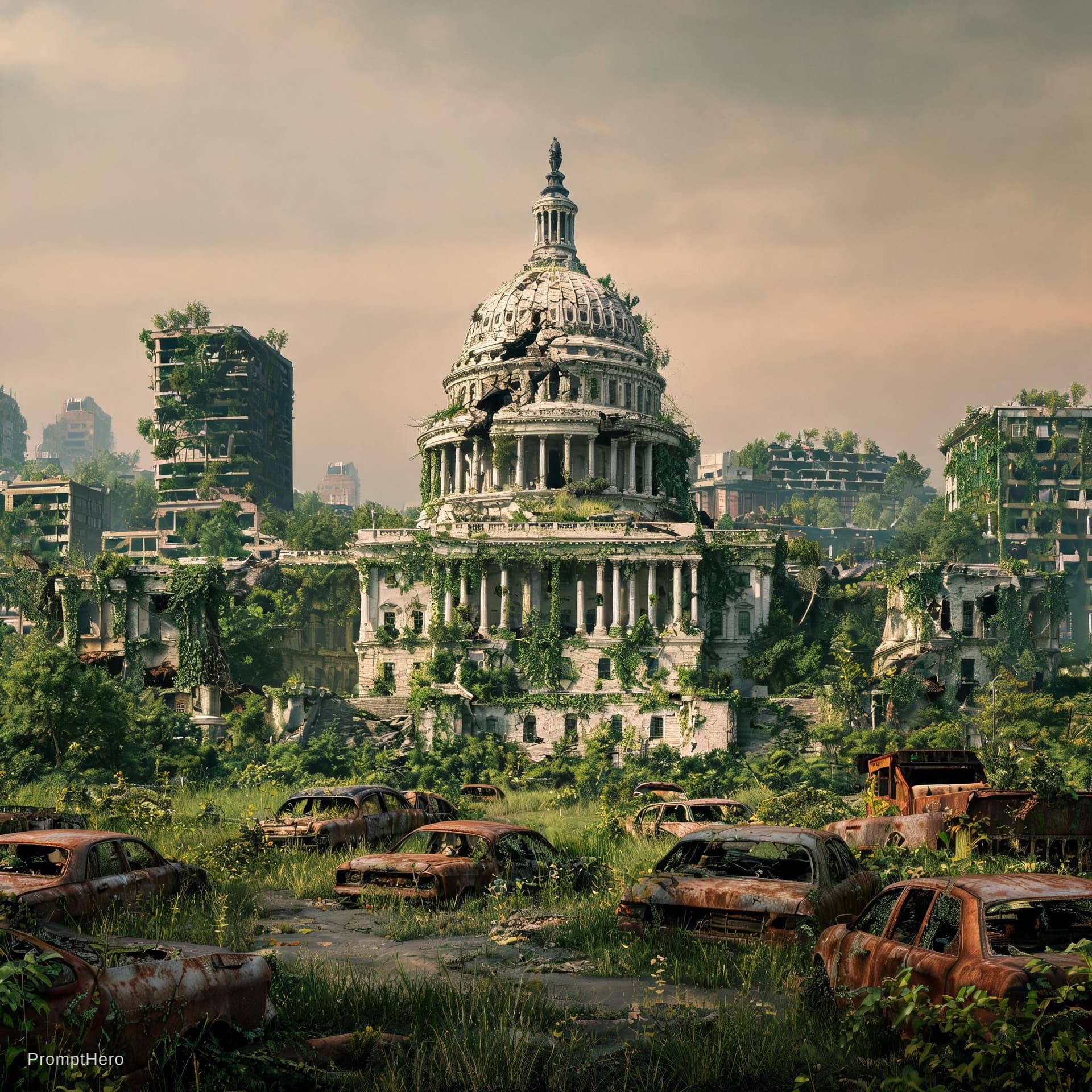AI generated: create an ultra realistic poster of a post apocalypse,old ruins of citys,trees,gras grow overall,car...