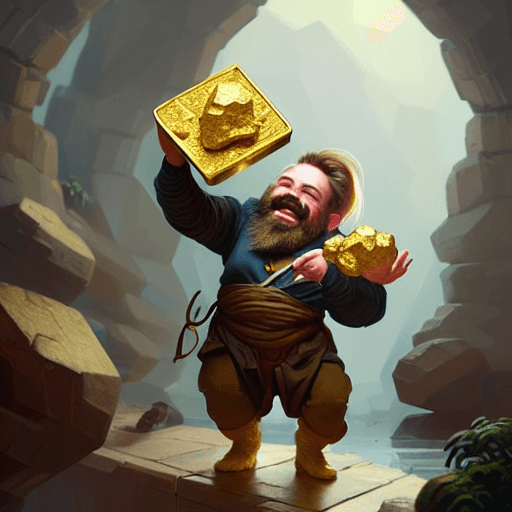 AI generated: Highly detailed of a happy dwarf holding the giant gold nugget, isometric style, highly detailed, di...