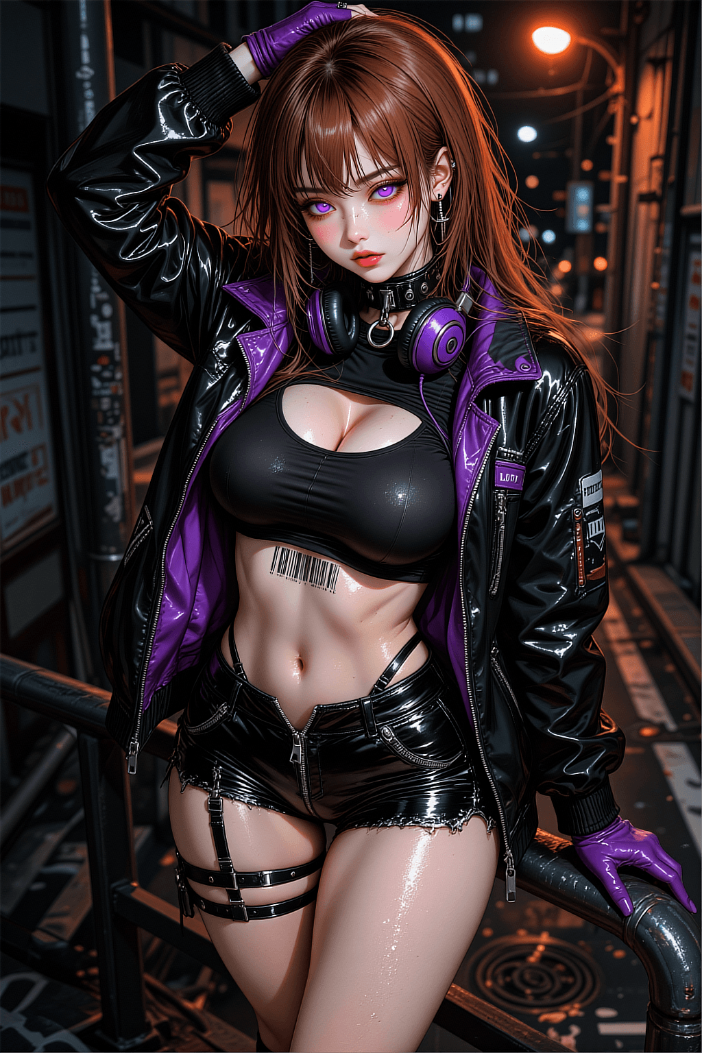 AI generated: A masterpiece, semi-realistic anime-style digital illustration. High angle shot of an edgy young wom...