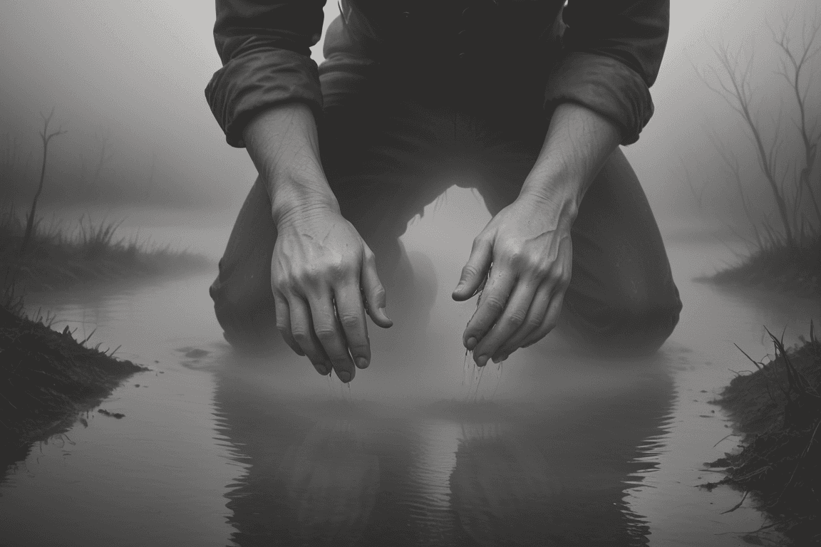 AI generated: hands, ground fog, water, black and white photo, strange ambiance