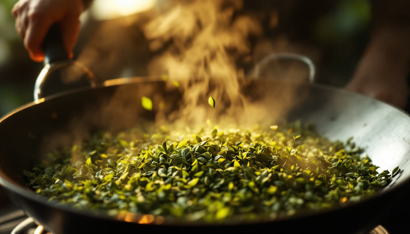 AI generated: A tea master stir-frying freshly harvested tea leaves in a large iron wok, steam rising, golden ligh...