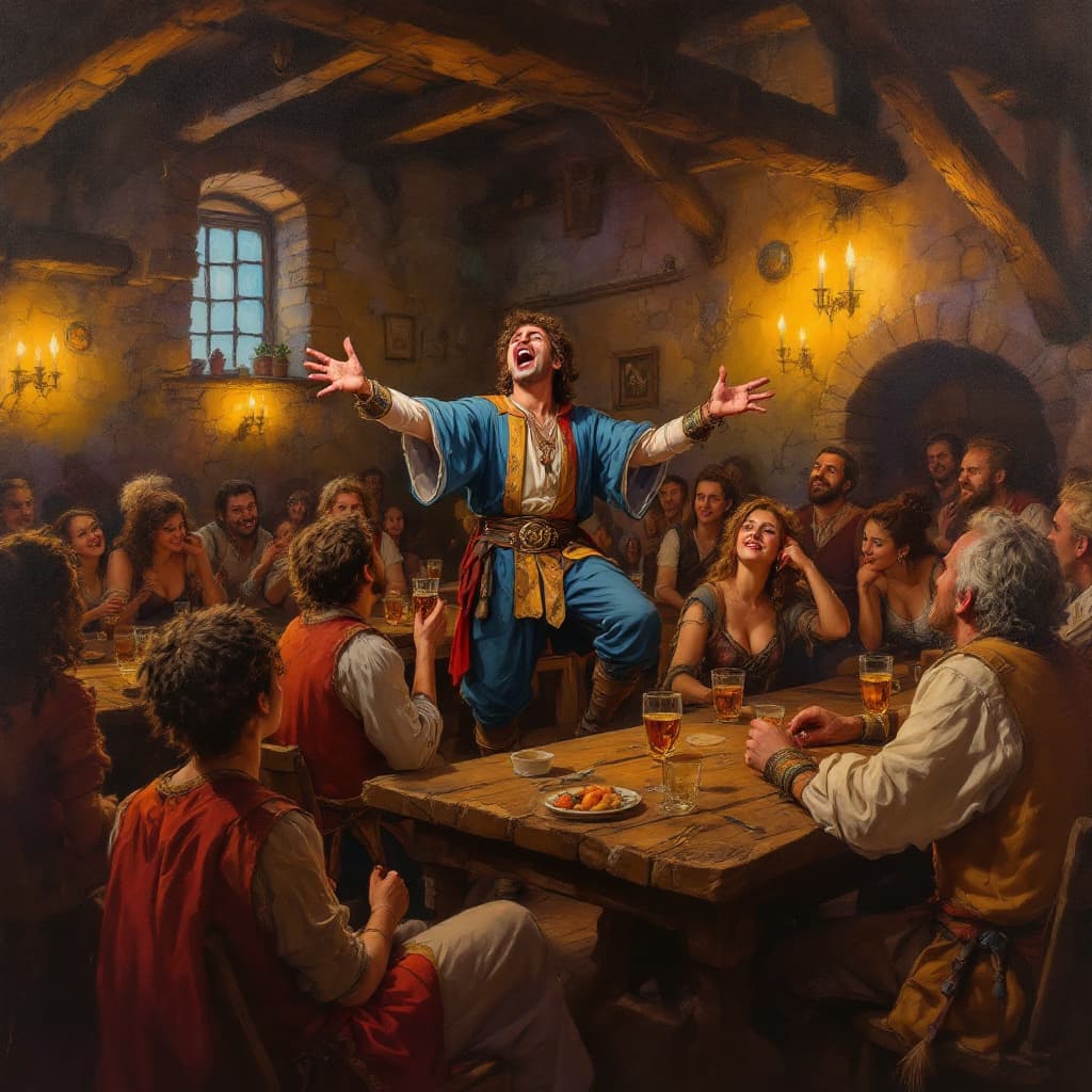 AI generated: A vibrant acrylic oil painting depicting a lively scene in a rustic tavern. The travel minstrel, dre...