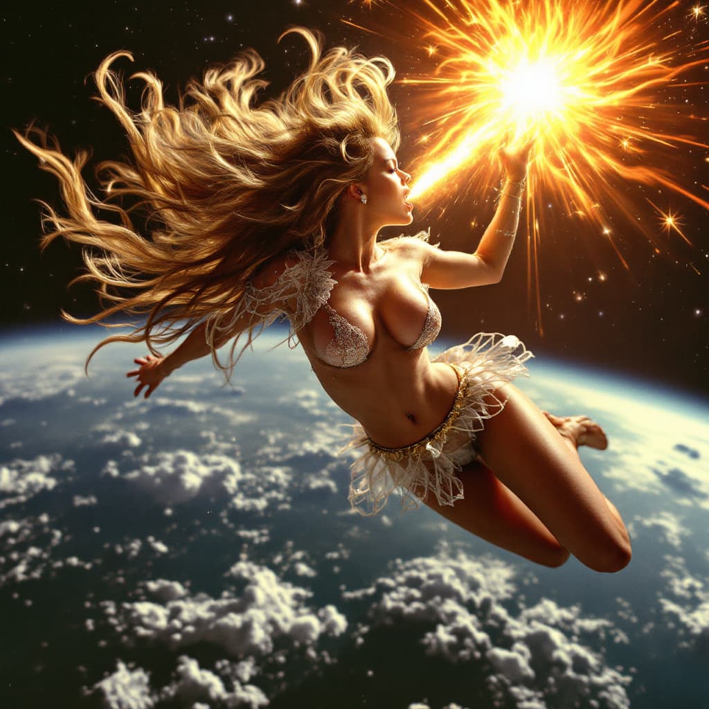 AI generated: Carmen Electra orbiting earth shooting a solar flare out of her mouth.