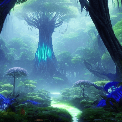 AI generated: (Movie:Avatar),landscape of the Bioluminescent Forest of Pandora,Pandora's flora and fauna emit a su...