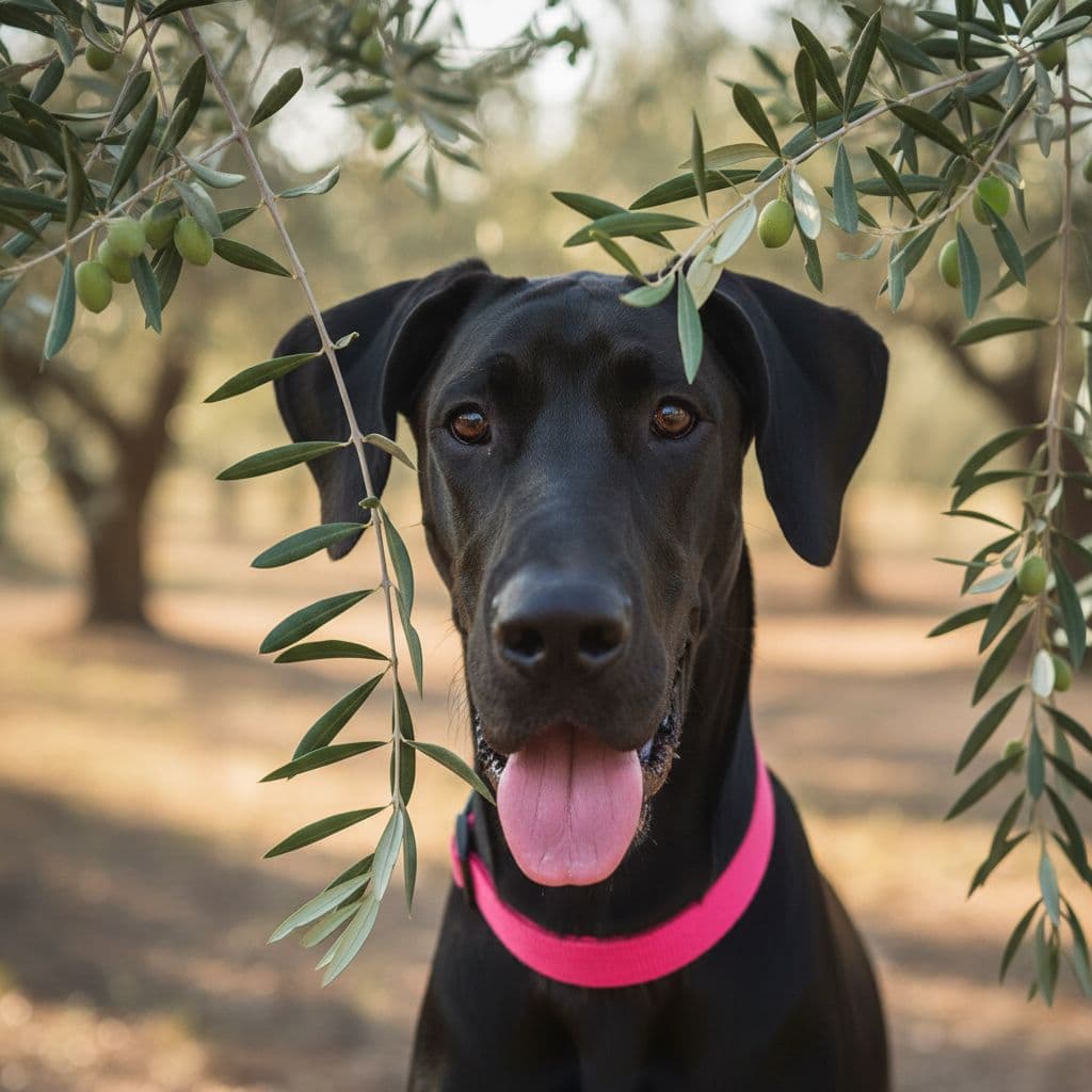 AI generated:  dog, black, Great Dane, younger, slender, floppy ears, pink collar, face only, mouth open slightly ...