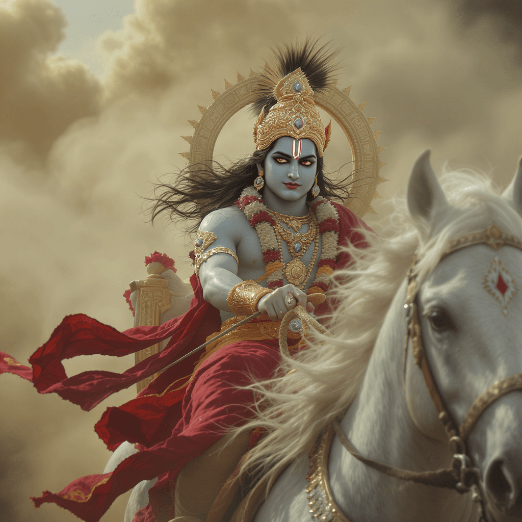 AI generated: “Ultra-realistic cinematic video of Krishna as divine charioteer, holding reins of white horses that...