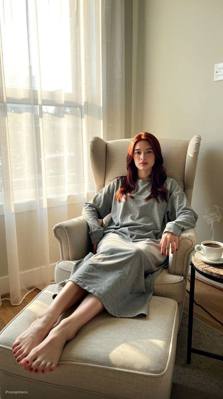 AI generated: A photograph captures a moment of cozy comfort. A woman lounges in a chair, her long dark-auburn hai...