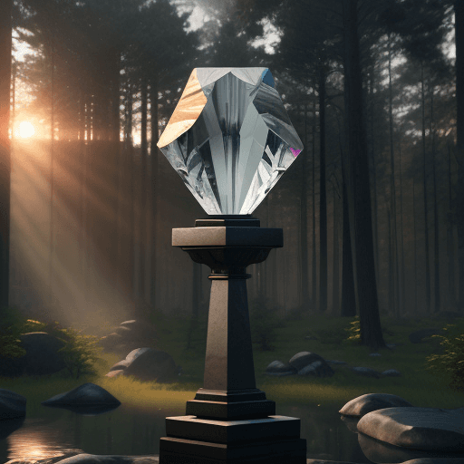 AI generated: a large cut transparent diamond lies on a stone pedestal surrounded by a forest against the backgrou...