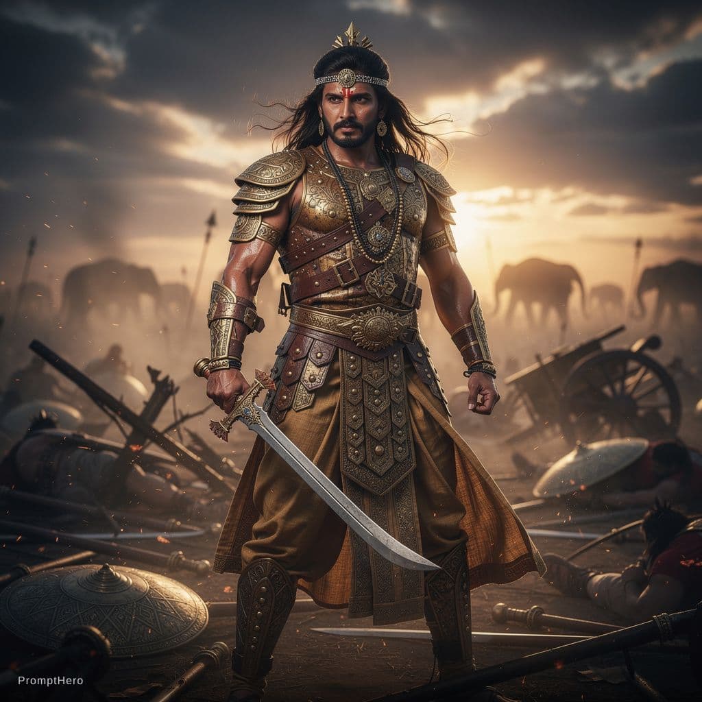 AI generated: indian male warrior from Mahabharatha, wearing etnic armor with a sword, on a battlefield, dramatic ...