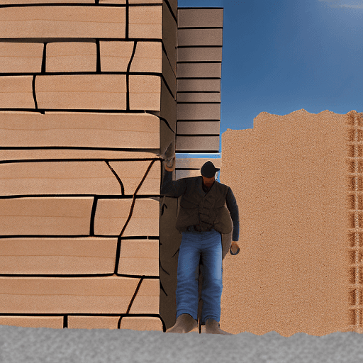 AI generated: Ultra-realistic photograph of a contemporary worker in Spain, building a brick wall on a modern cons...