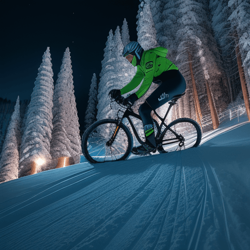 AI generated: A man in cycling gear rides fast mountain bike down an illuminated ski resort slope at night. The sk...