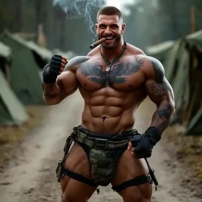 AI generated video: Walking towards me flexing biceps and grinning