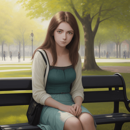 AI generated: A painting of a beautiful and shy young woman. The young woman is sitting on a bench in a park, surr...
