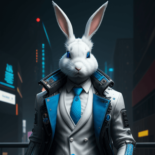 AI generated: anthropomorphic cyberpunk rabbit| hyperrealism| intricate details| unreal engine| white suit | blue ...