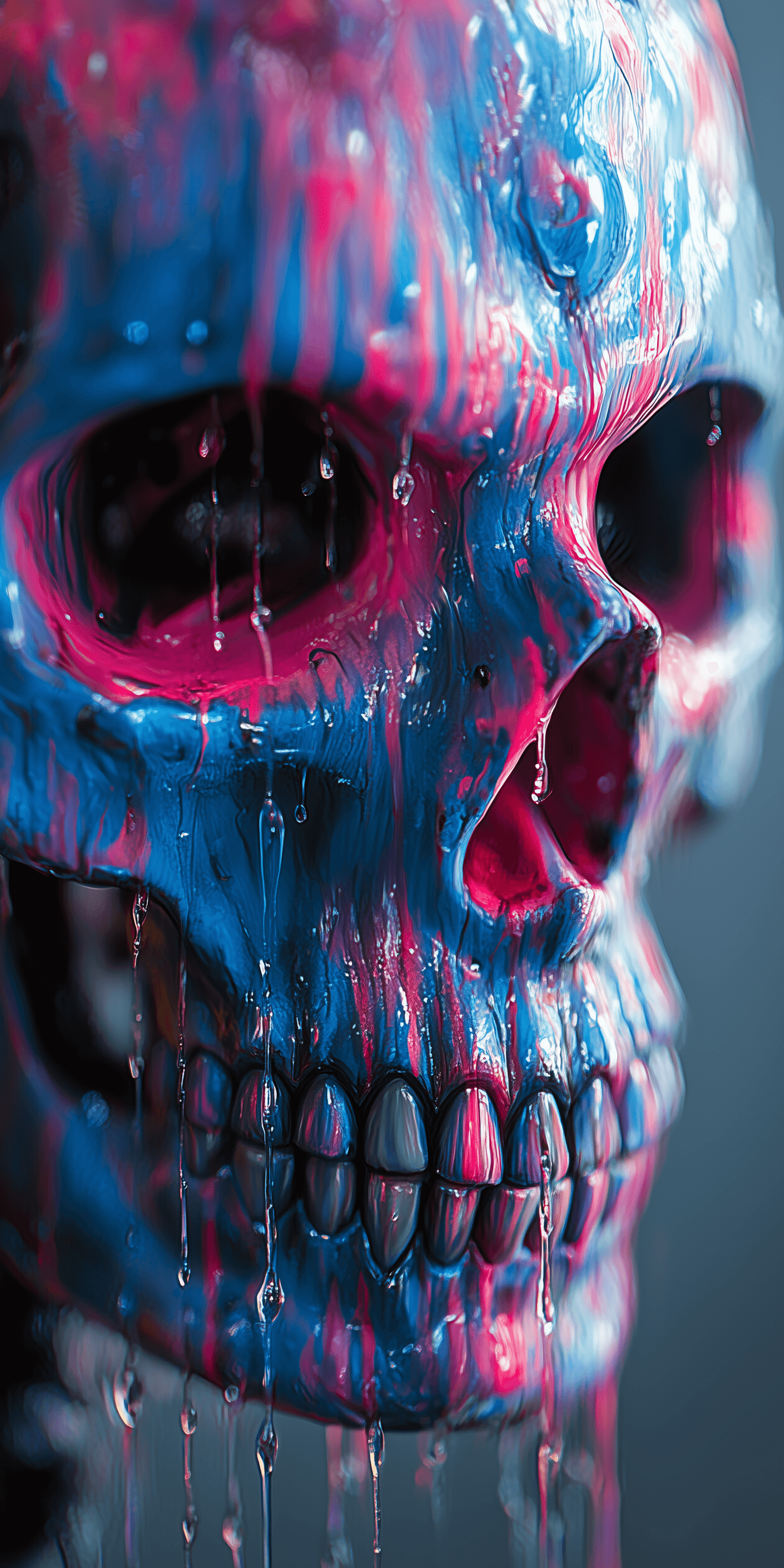 AI generated: Close-up of an extremely detailed, colorful skull, dripping with neon blue and pink, oil painting-st...