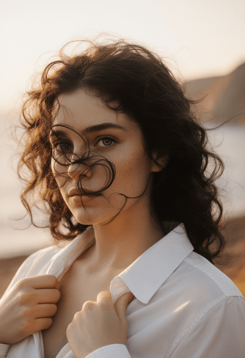 AI generated: A cinematic, waist up, photorealistic image of a woman with wild, dark curly hair, strands of which ...