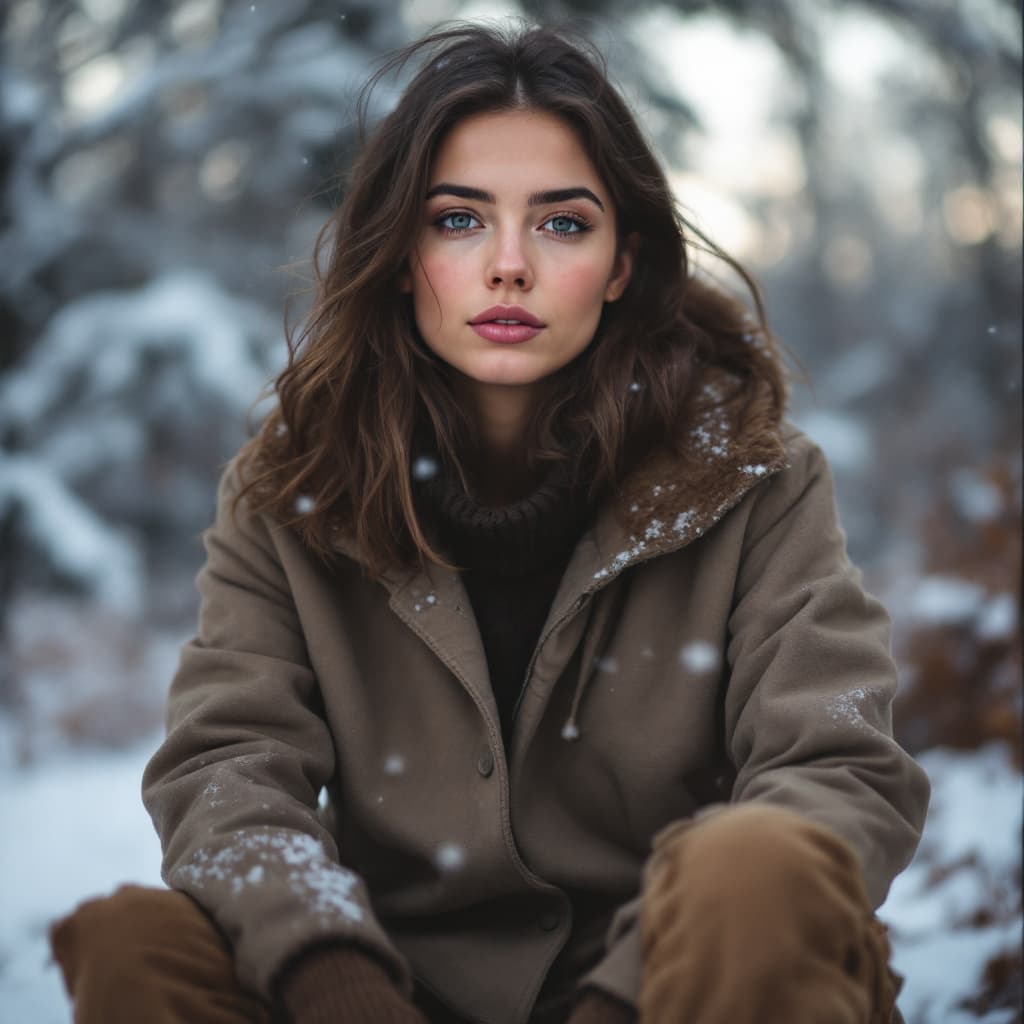 AI generated: A woman sits with her knees apart in front of the viewer, frosty winter background