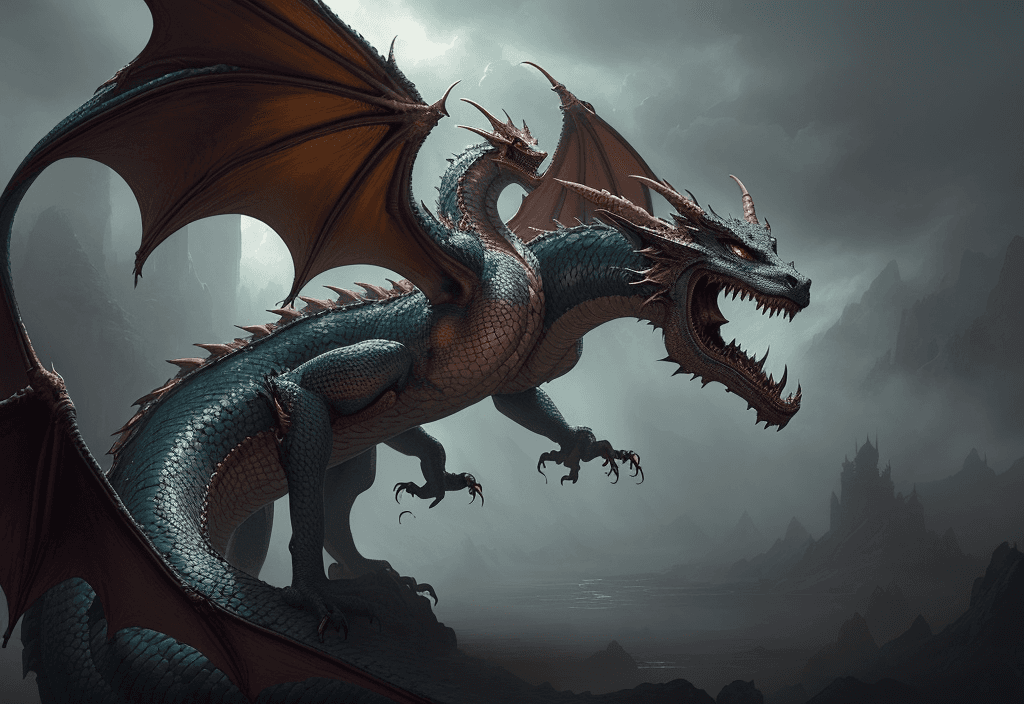 AI generated: incredible detailed shot of a magnificent dragon waking up from a thousand years of sleep, the gaze ...
