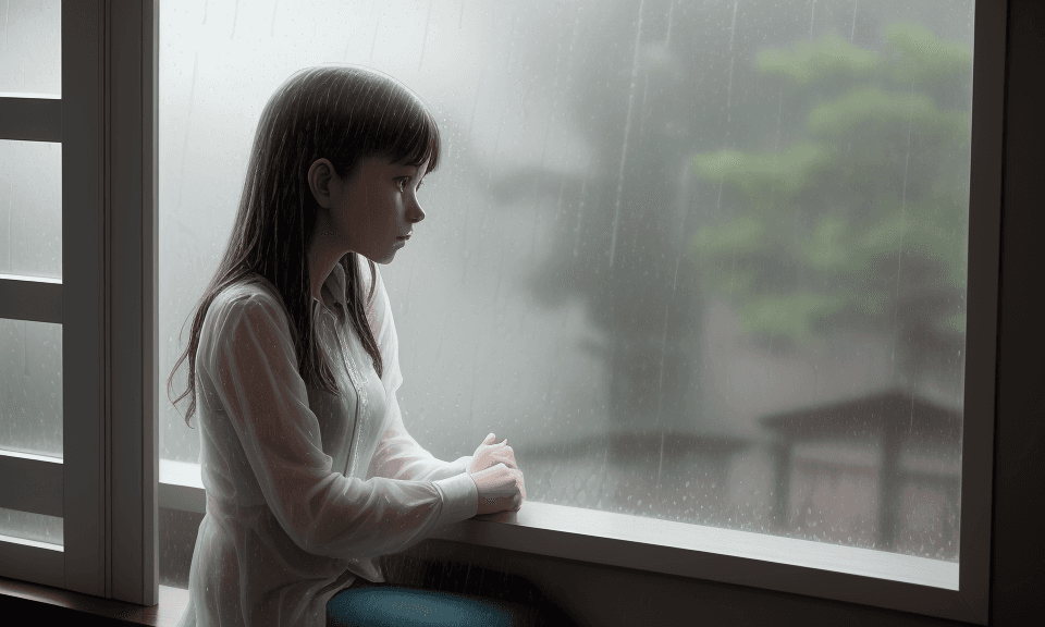 AI generated: a young lady sitting at window side. raining outside
