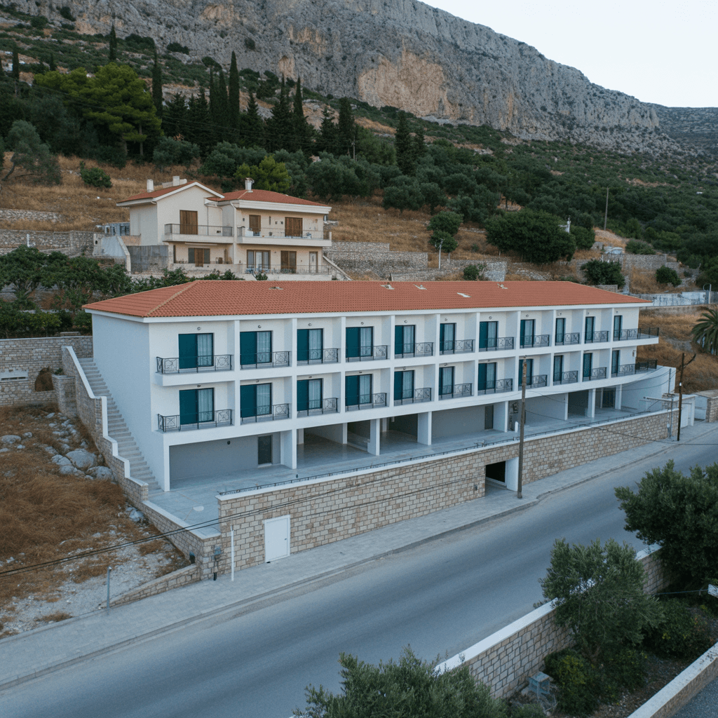 AI generated: A two floor hotel, semi underground, elongated towards the back, going up to the mountain, located i...