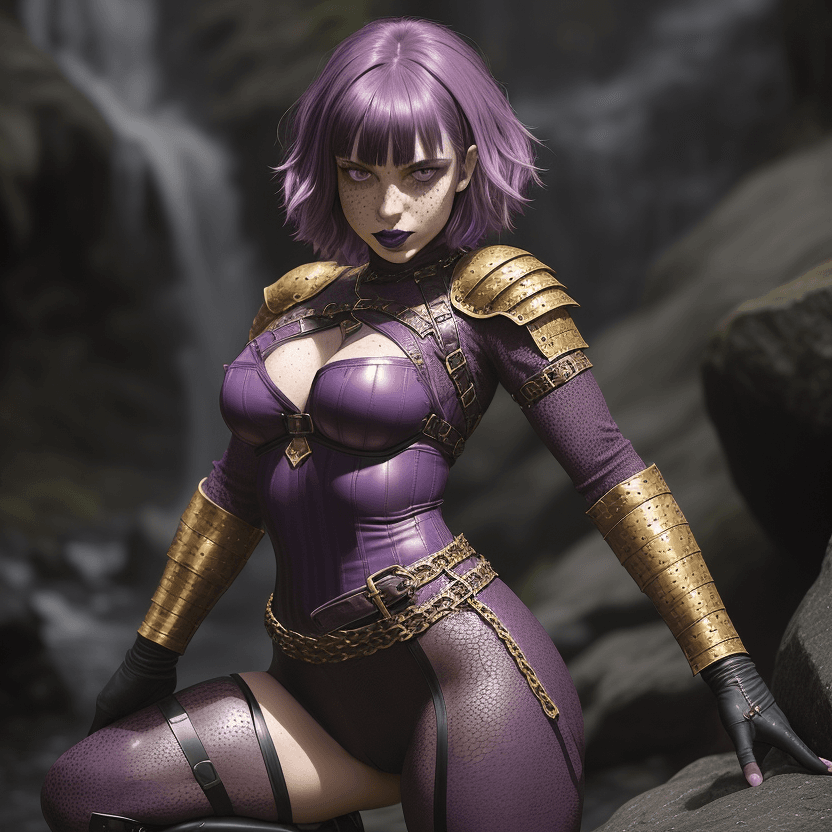 AI generated: It is D&D world, dynamic pose, girl, she has short length purple hair and pink highlights, long bang...