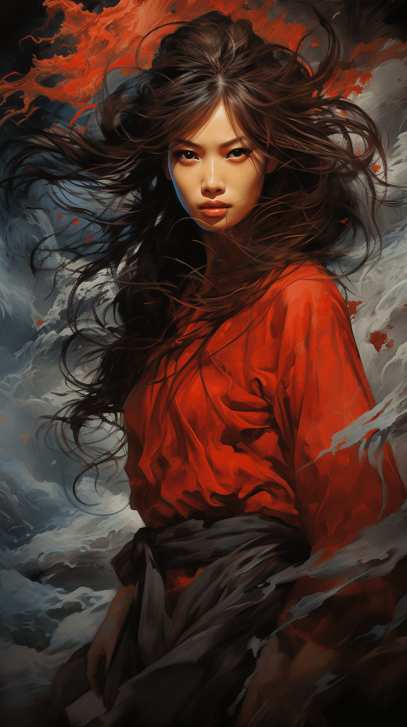 AI generated: A fierce samurai with fiery red strokes on her face, in the style of flowing silk sculpting, gracefu...