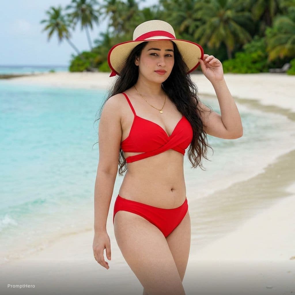 AI generated: a woman in a red bikini and a straw hat, red bikini, in a bikini, sling bikini, in bikini, cute biki...