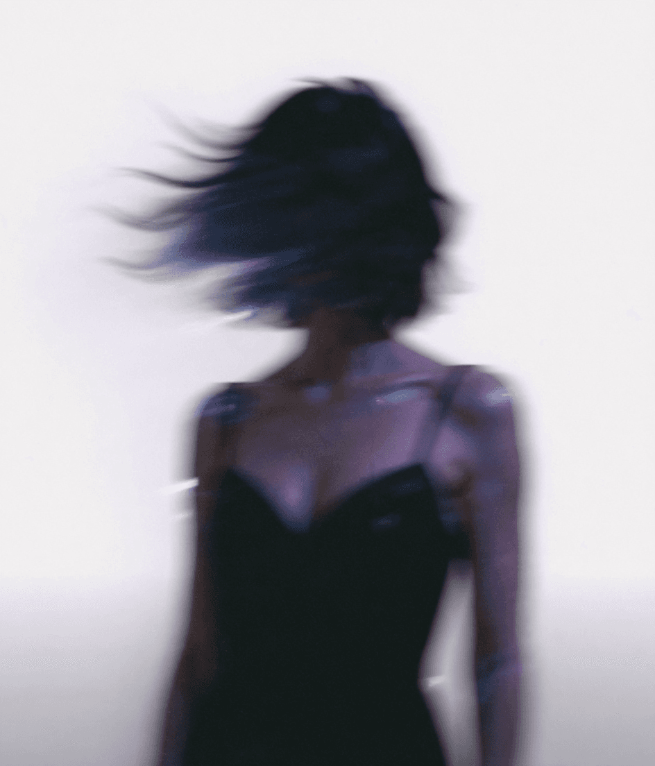 AI generated: A surreal portrait of a woman dressed in an eveningwear  elegant black dress), standing against a so...