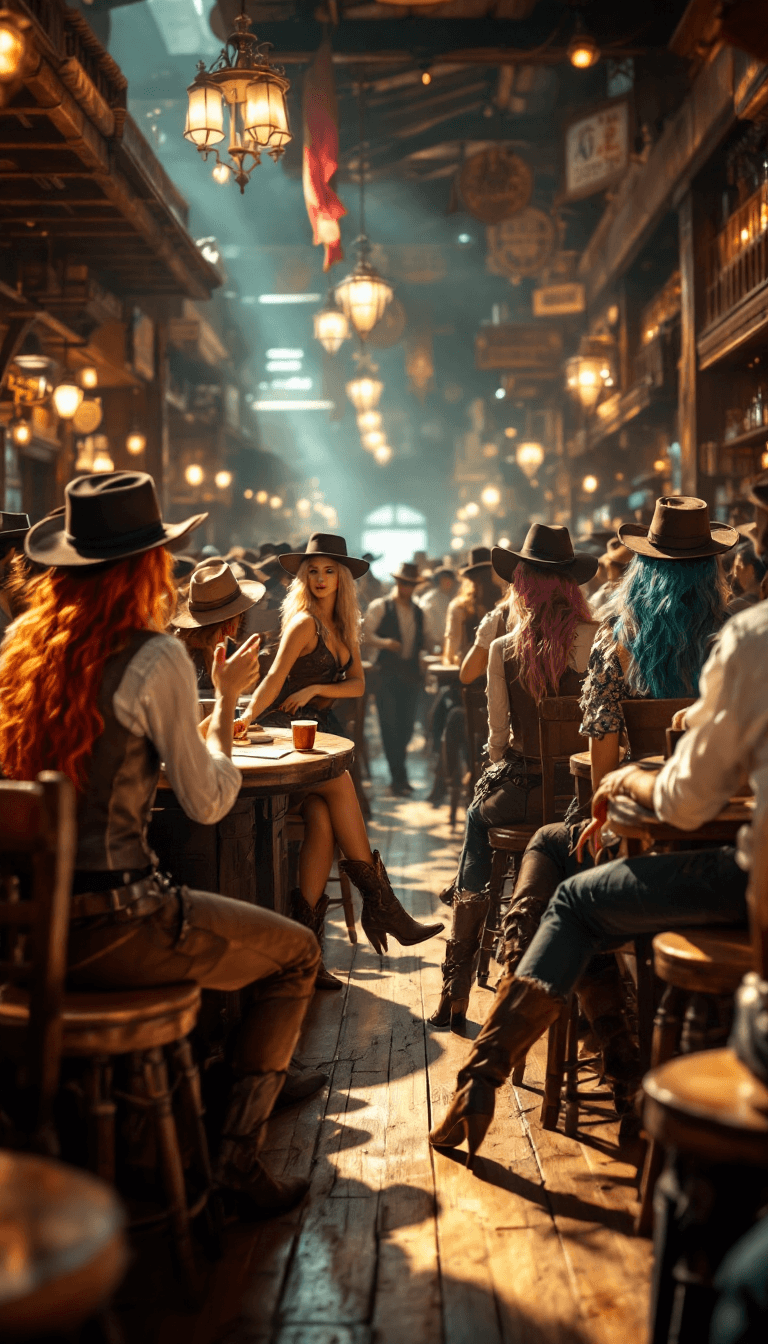 AI generated: wide view of a saloon. A Vibrant Old West saloon filled with lively patrons and lovely old west fema...