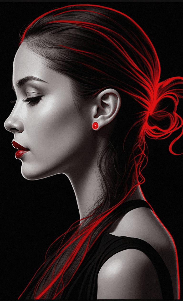 AI generated: A vertical image of a serene girl in profile. Her features are soft and detailed against a dark back...