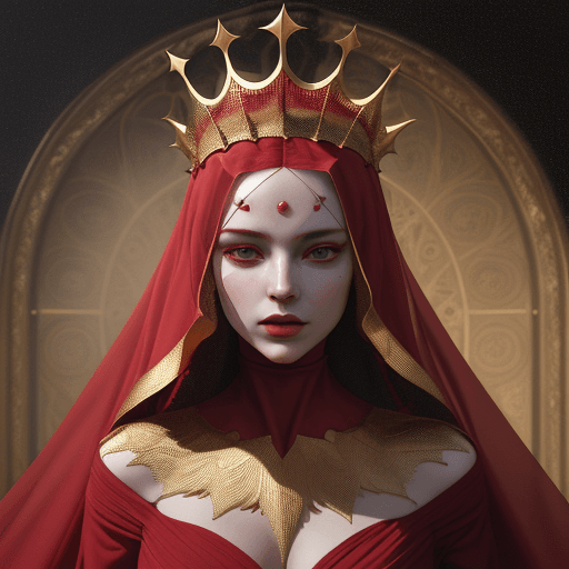 AI generated: lady in red veils her face and has a large golden spiked crown, in the style of celestial fasion, ot...