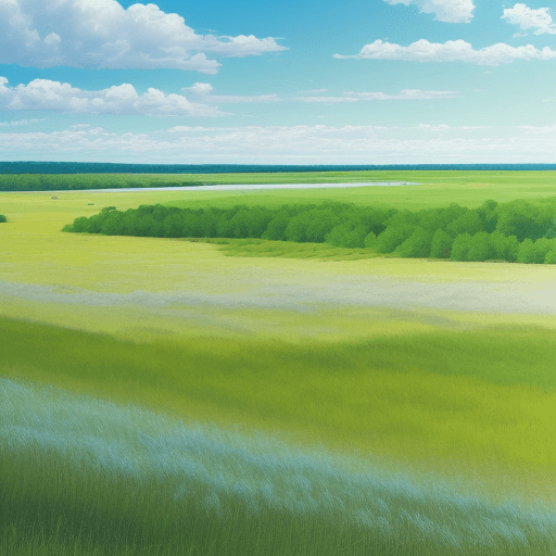 AI generated: an expansive, rolling prairie, where the green grasses sway in the breeze, and lake clear crystalend...