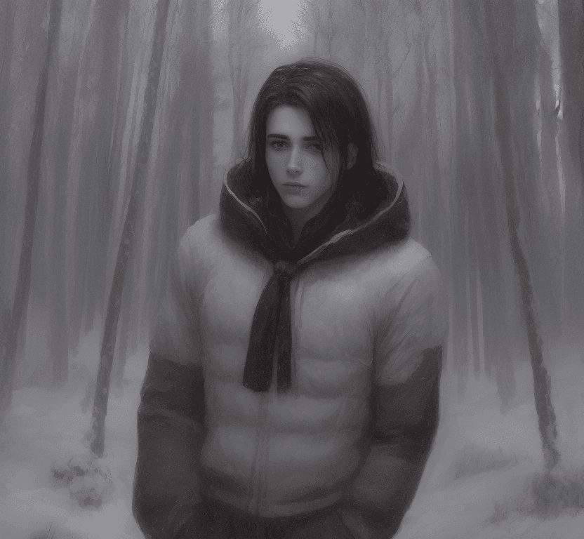 AI generated: A young men with dark hair stands in a snowy forest, 