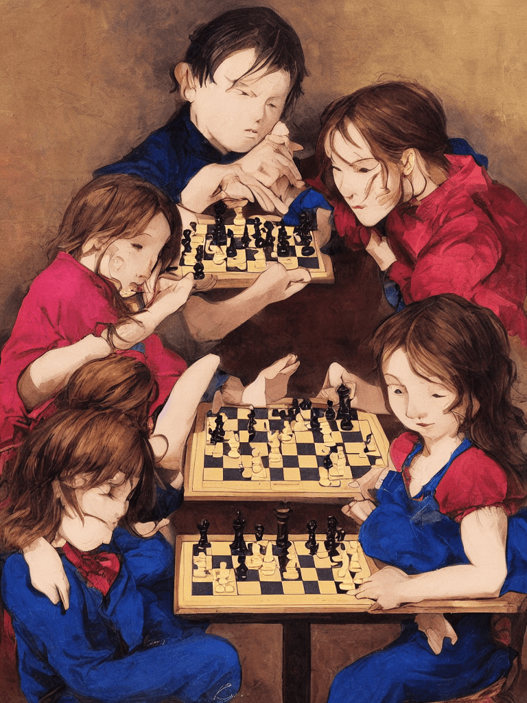 AI generated: two beautiful childs playing chess at a table, slight smile, asymmetrical face, Trending on pixiv, F...