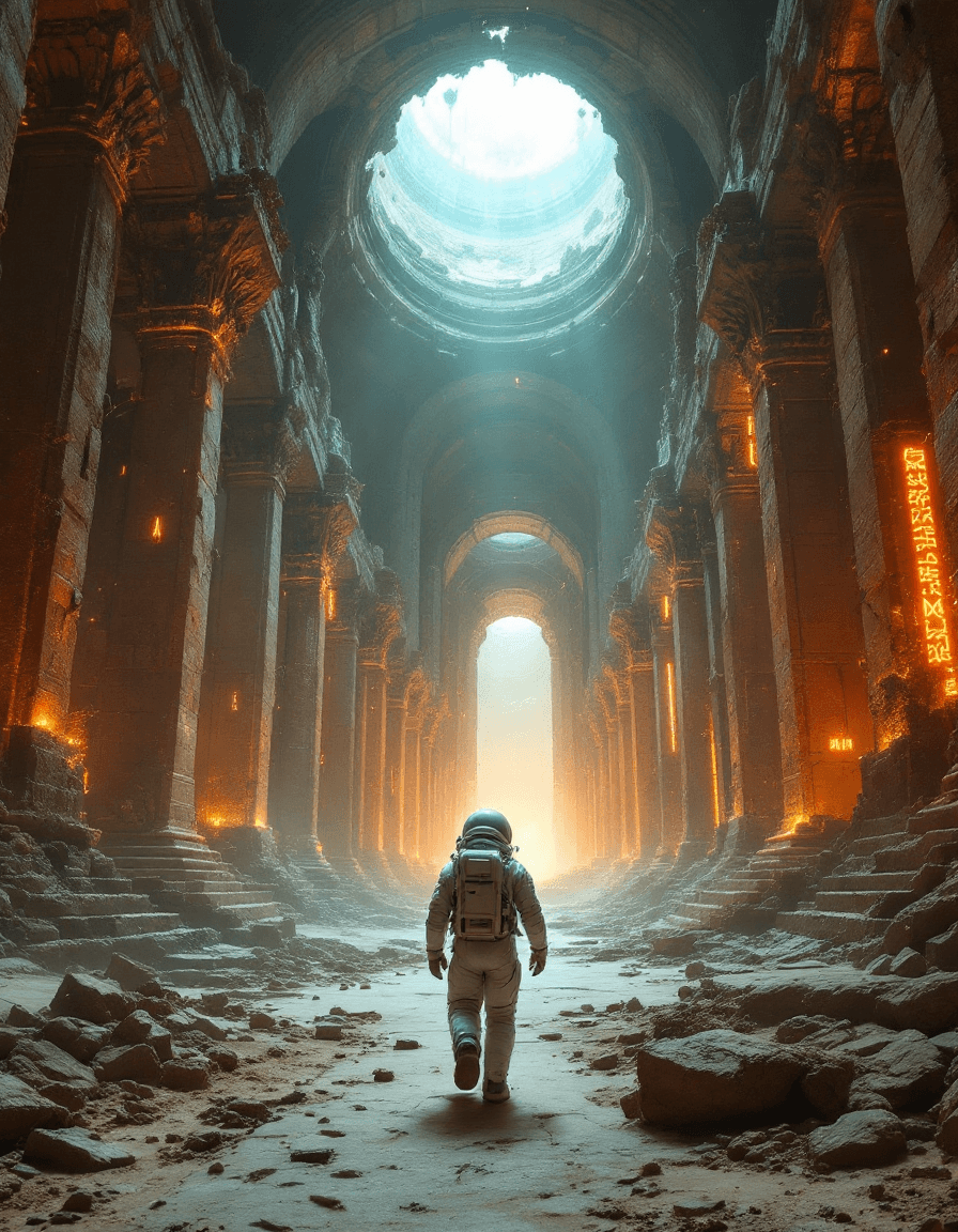 AI generated: A lone astronaut walking through the ruins of a colossal, ancient temple deep within an alien world....