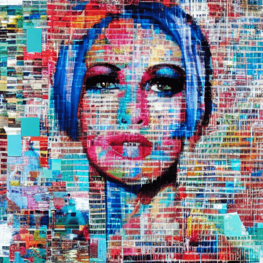 AI generated: woman with blue hair, in the style of multi-layered collages, edgy street art, celebrity-portraits, ...