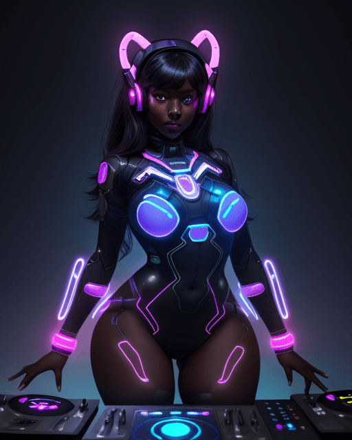 AI generated: dark skin, bioluminescence, adult, D.va, thick thighs, chest, futuristic tech, hypnotic, DJ, evil