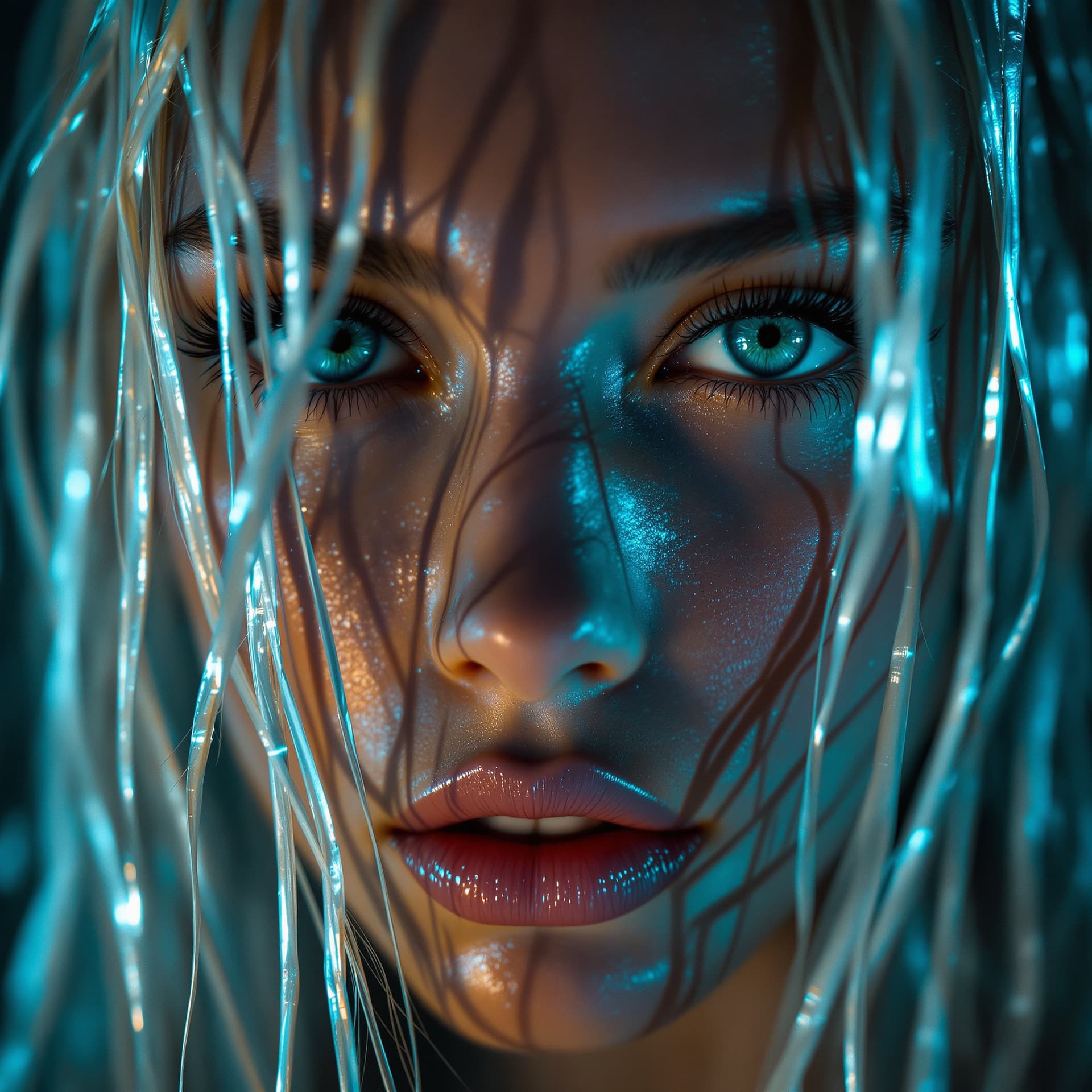 AI generated: A hyper-realistic close-up portrait of a young woman with wet, platinum-blonde hair partially coveri...