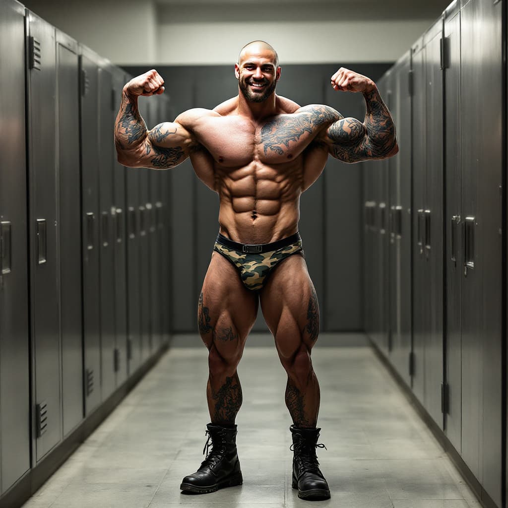 AI generated: Full body image, young tall army muscle, heavily tattooed, slim face, chiseled jawline, shaved head,...