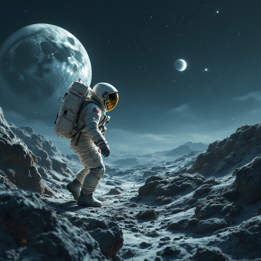 AI generated: Astronaut in the moon, cold color palette, muted colors, very detailed, sharp focus
