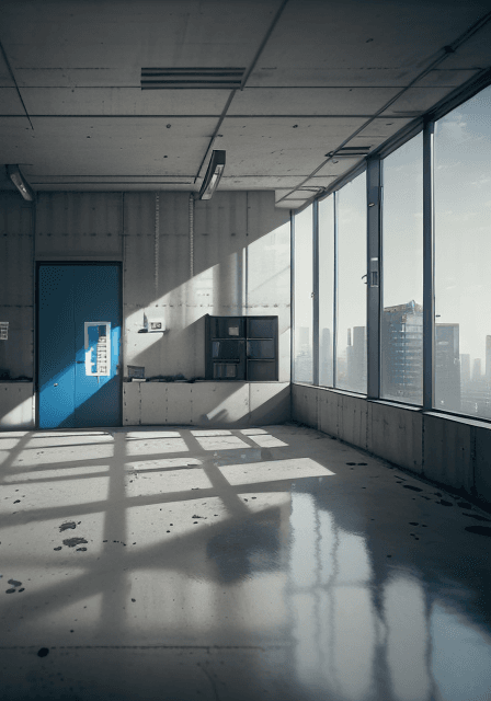 AI generated: social area with room and table inside a building with a concrete wall and a top-to-bottom window, a...