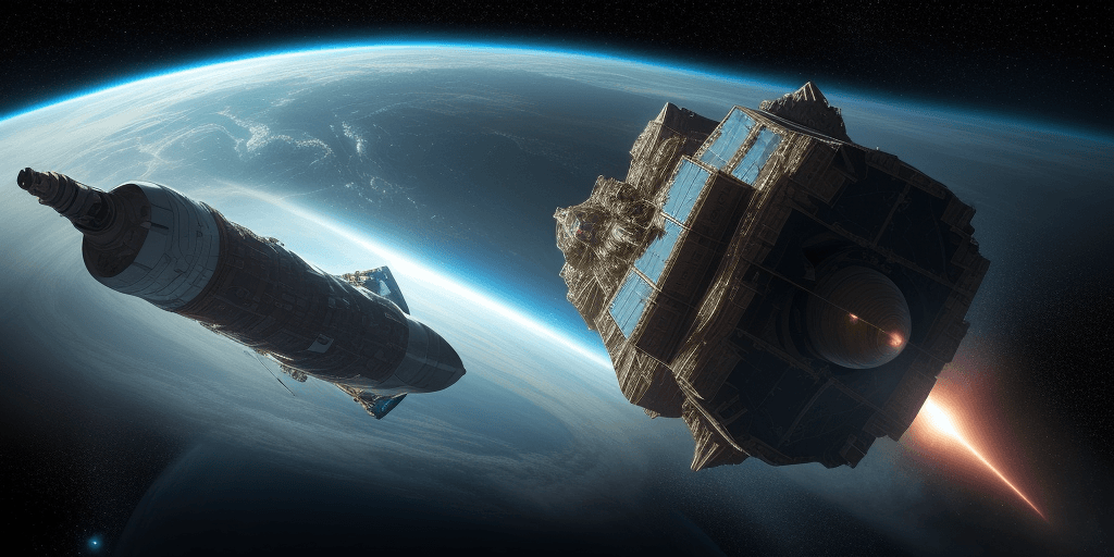AI generated: Hyperrealistic image of a spaceship doing deep space mining on an astroid orbiting earth