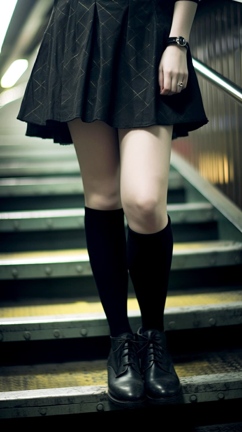 AI generated: A model on black knee-length socks, skirt and black shoes, close-up, real life, photography --ar 9:1...