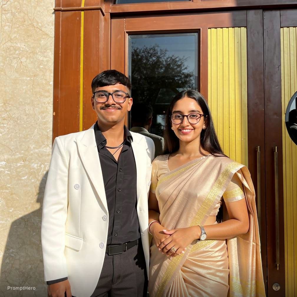 AI generated: Make the girl wear a saree and stand with the boy for formal photoshoot change the gesture of girl f...