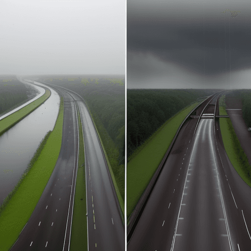 AI generated: Comparisson of two highways in the Netherlands with extreme heavy showers. One road is flooded and t...