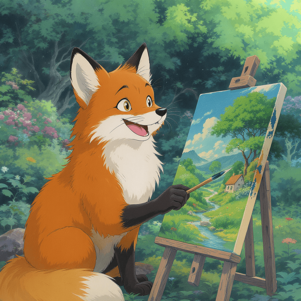 AI generated: Happy and excited fox, painting a beautiful landscape, with vibrant colors and intricate details, by...