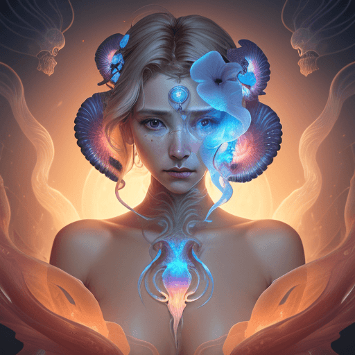 AI generated: Goddess close-up portrait ribcage. jellyfish phoenix head, nautilus, orchid, skull, betta fish, biol...