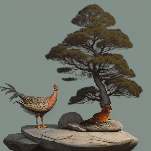 AI generated: A pine tree with drooping branches on a large rock and a pheasant on top of it