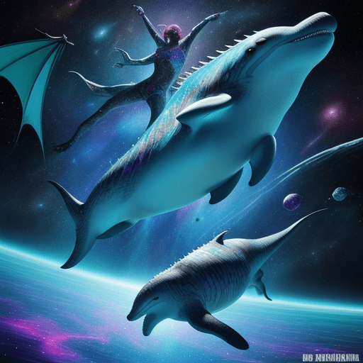AI generated: hyper realistic and colorfull dolpin swimming in cosmic space next to a evil dragon with dancing pro...