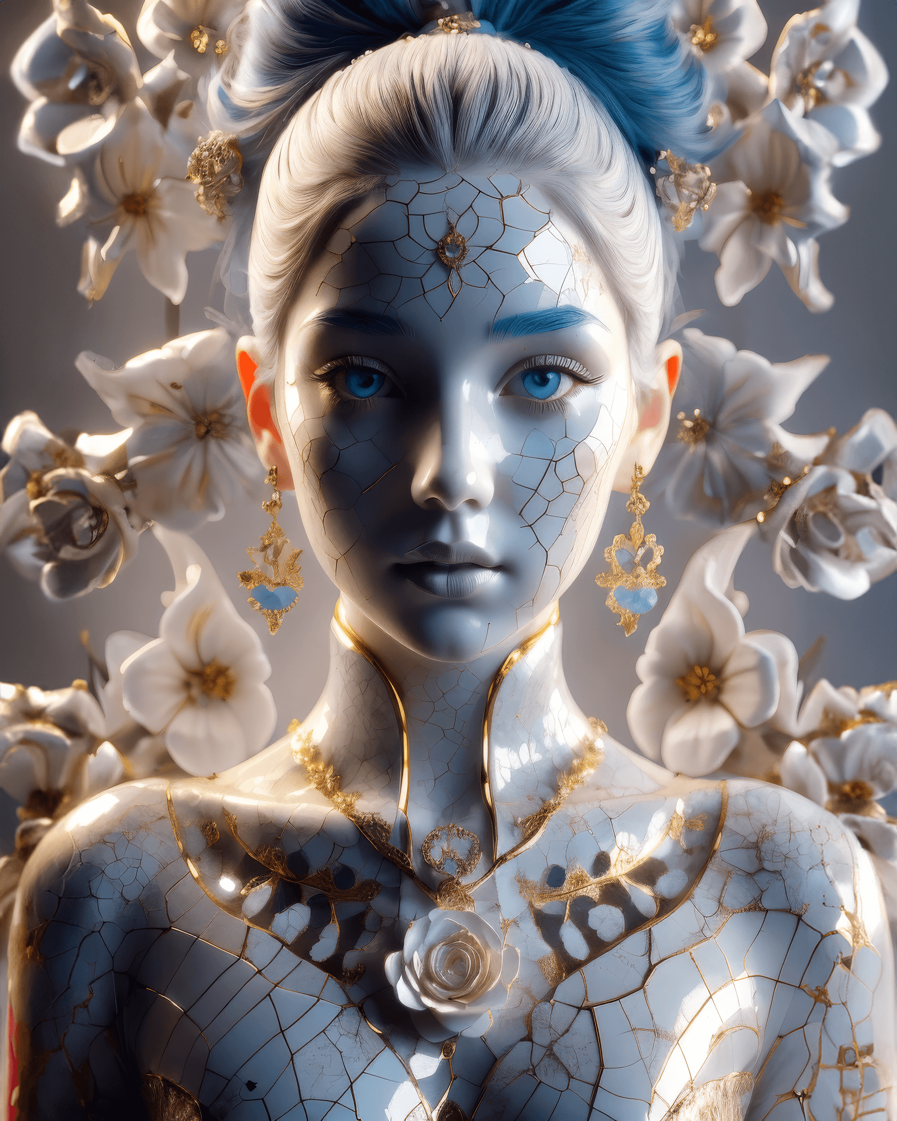 AI generated: a woman made out of porcelain, in the style of balanced symmetry, white and blue, detailed facial fe...